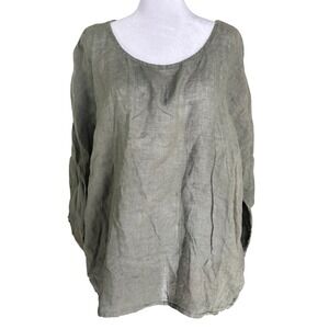 Green 100% Linen Oversized Boho Cottagecore Blouse Earthy Puro Lino ItalyL/XL